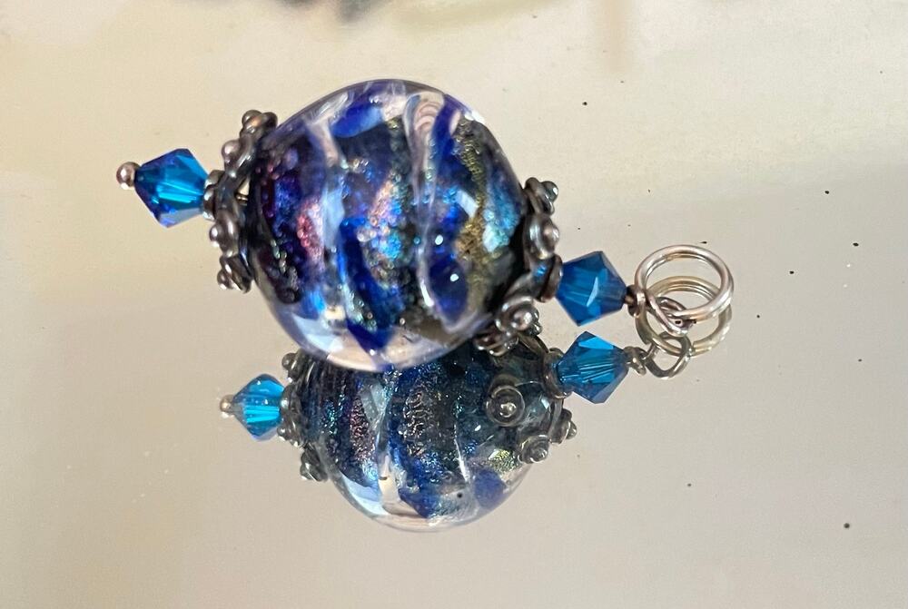 Handmade Lampwork Blue Swirl Iridescent Dichroic Metallic Glass Bead Pendant